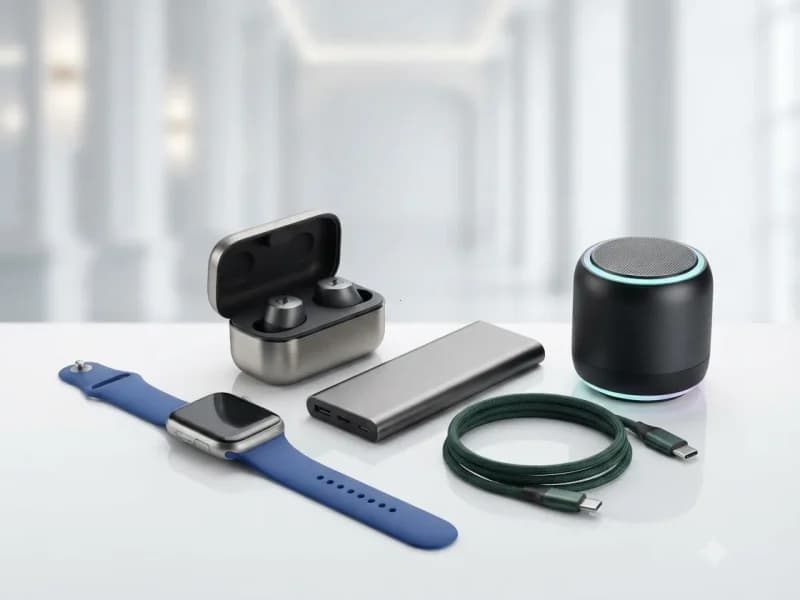 Montre, écouteurs, batterie externe, câble et enceinte.