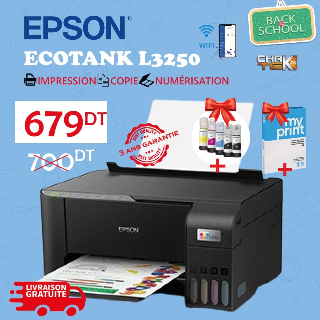 Imprimante à Réservoir Intégré EPSON ECOTANK L3250 – WIFI + 5 bouteilles d’encre + Ram Papier 75G + Cable Usb et Livrais — Afficher l'image 3