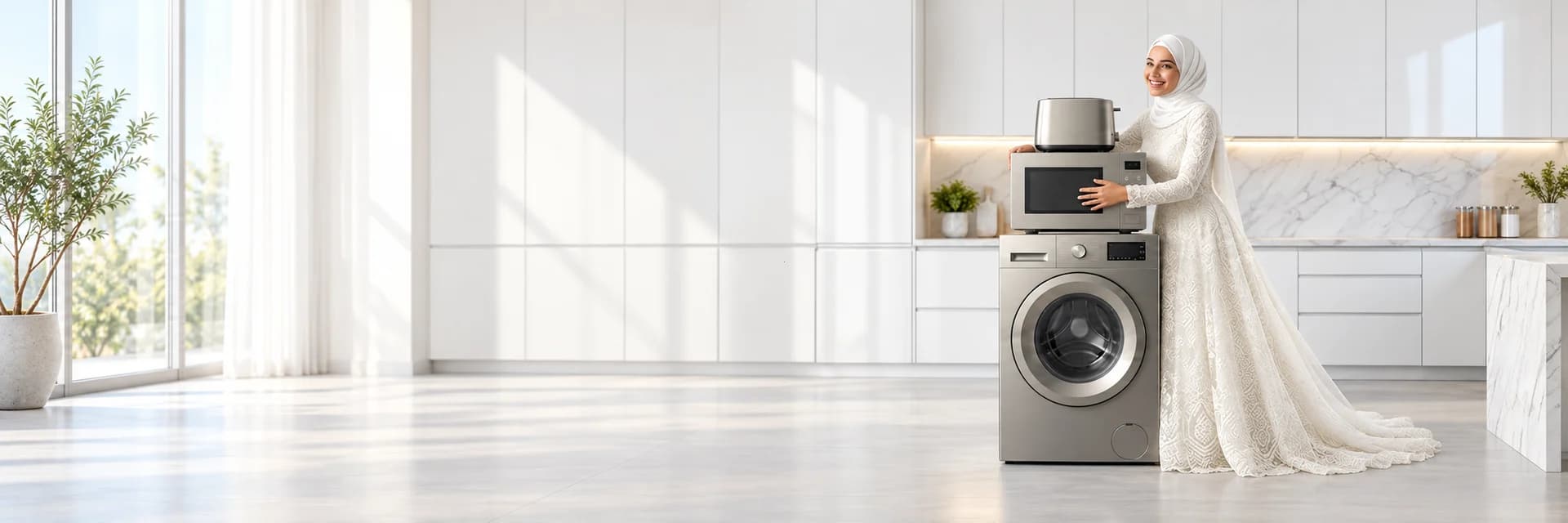 Une mariée à côté d’appareils électroménagers dans un intérieur lumineux.