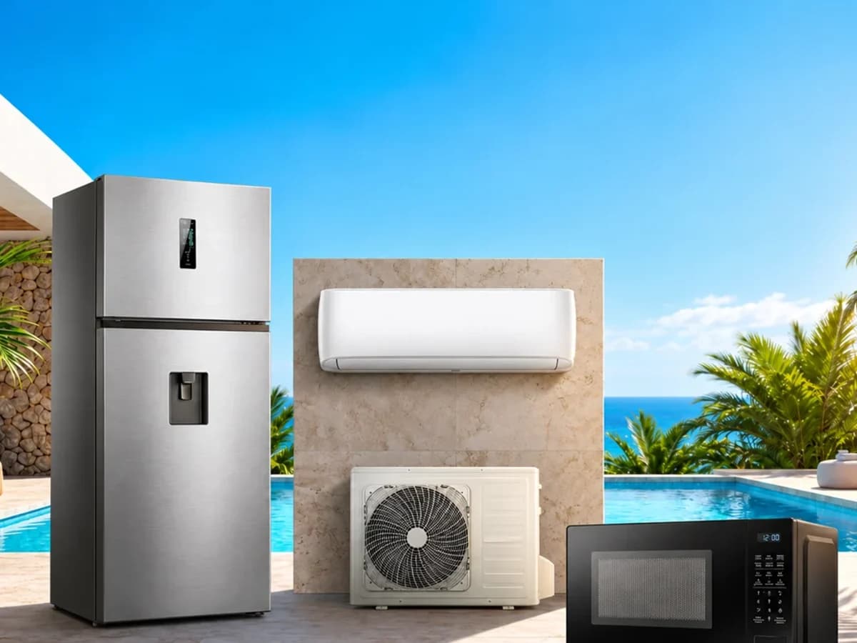 Réfrigérateur, climatiseur et micro-ondes dans une scène extérieure.