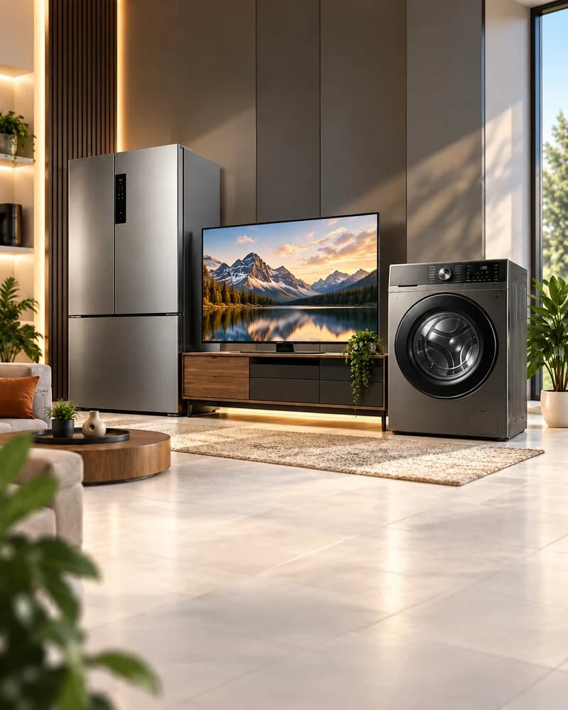 Réfrigérateur, téléviseur et lave-linge dans un salon.
