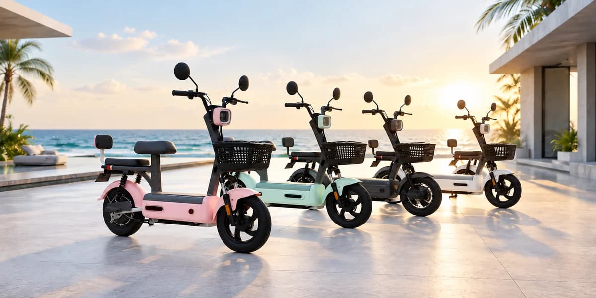 Scooters électriques présentés en plusieurs couleurs.